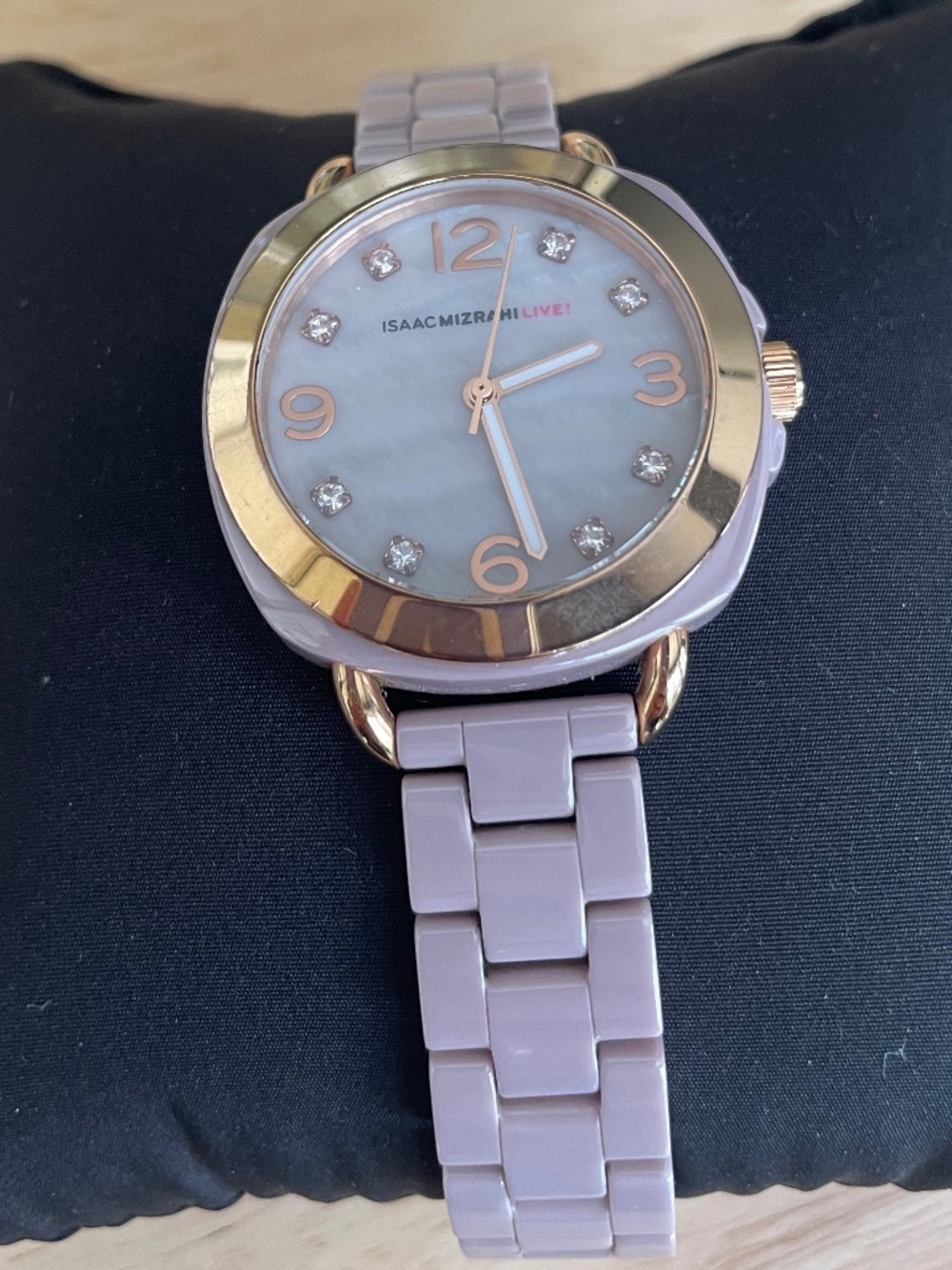 Isaac Mizrahi Mauve Ceramic Watch Gold Trim Rhinestone Accents